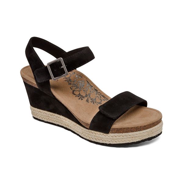 Aetrex Women's Sydney Quarter Strap Espadrille Wedge Sandals Black Sandals UK 6278-898